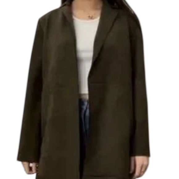 Zara Women's Green Faux Suede Open Front Long Coat Jacket Pockets Size Medium - Picture 1 of 10